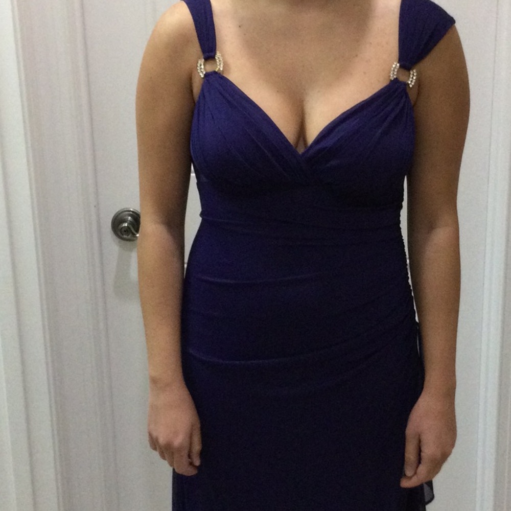 Betsy & Adam Long Gown in blue with rhinestone accents size 10